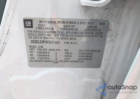 2008 Saturn Vue 4-Cyl Xe from USA, damaged, VIN 3GSCL33P48S667953